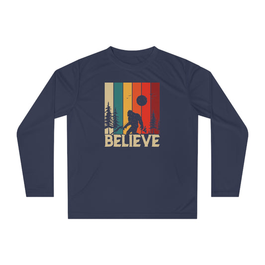 Believe Bigfoot Sasquatch with Mateo Two Sided Performance Long Sleeve Shirt