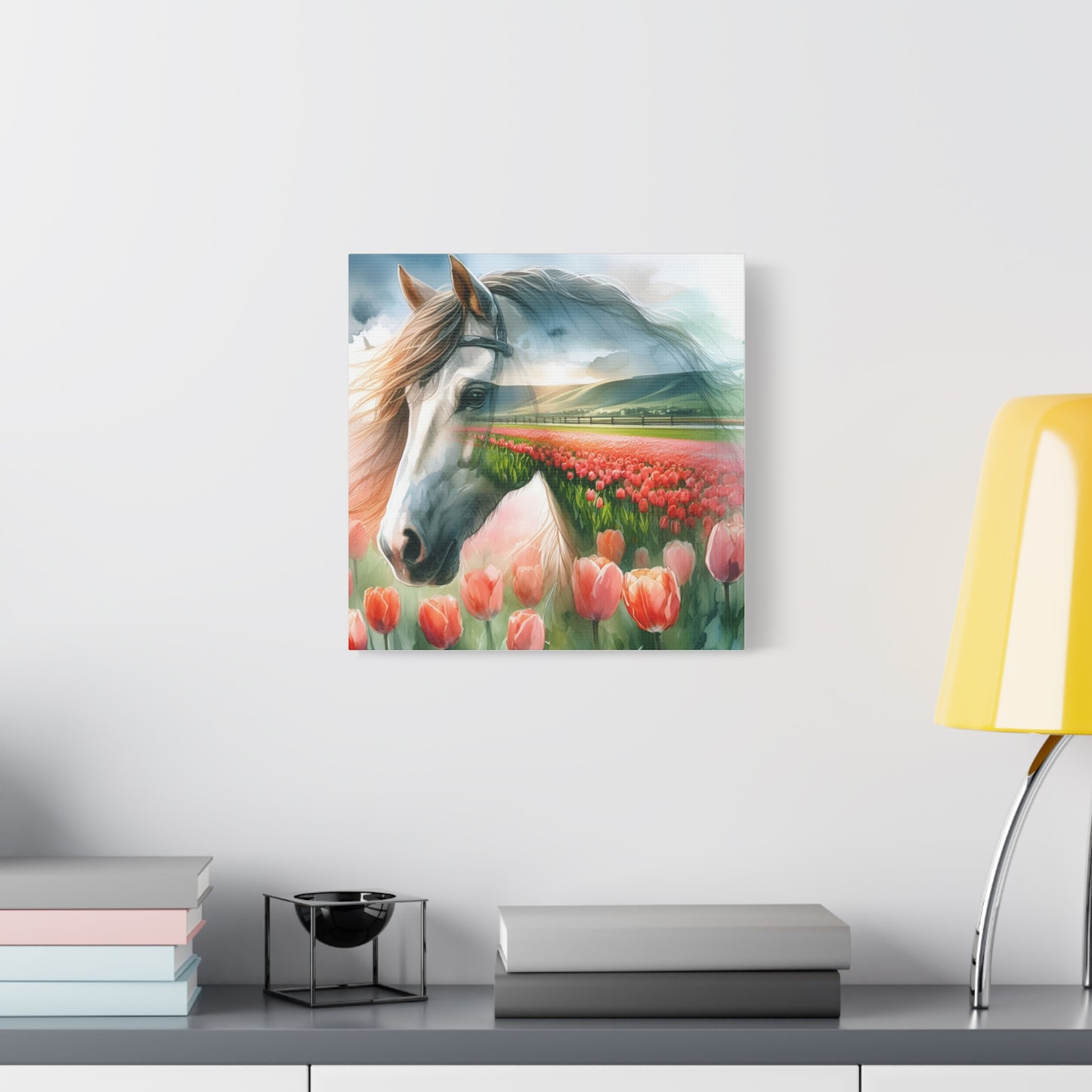 Horse & Tulip Canvas Wall Art — Serene Equestrian Landscape