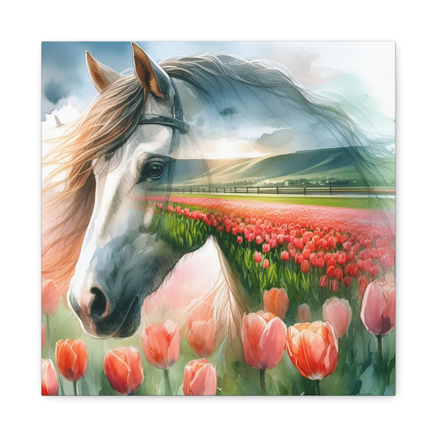 Horse & Tulip Canvas Wall Art — Serene Equestrian Landscape