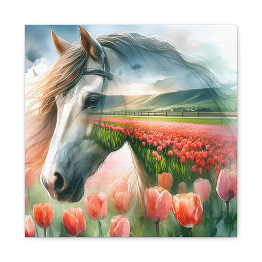Horse & Tulip Canvas Wall Art — Serene Equestrian Landscape