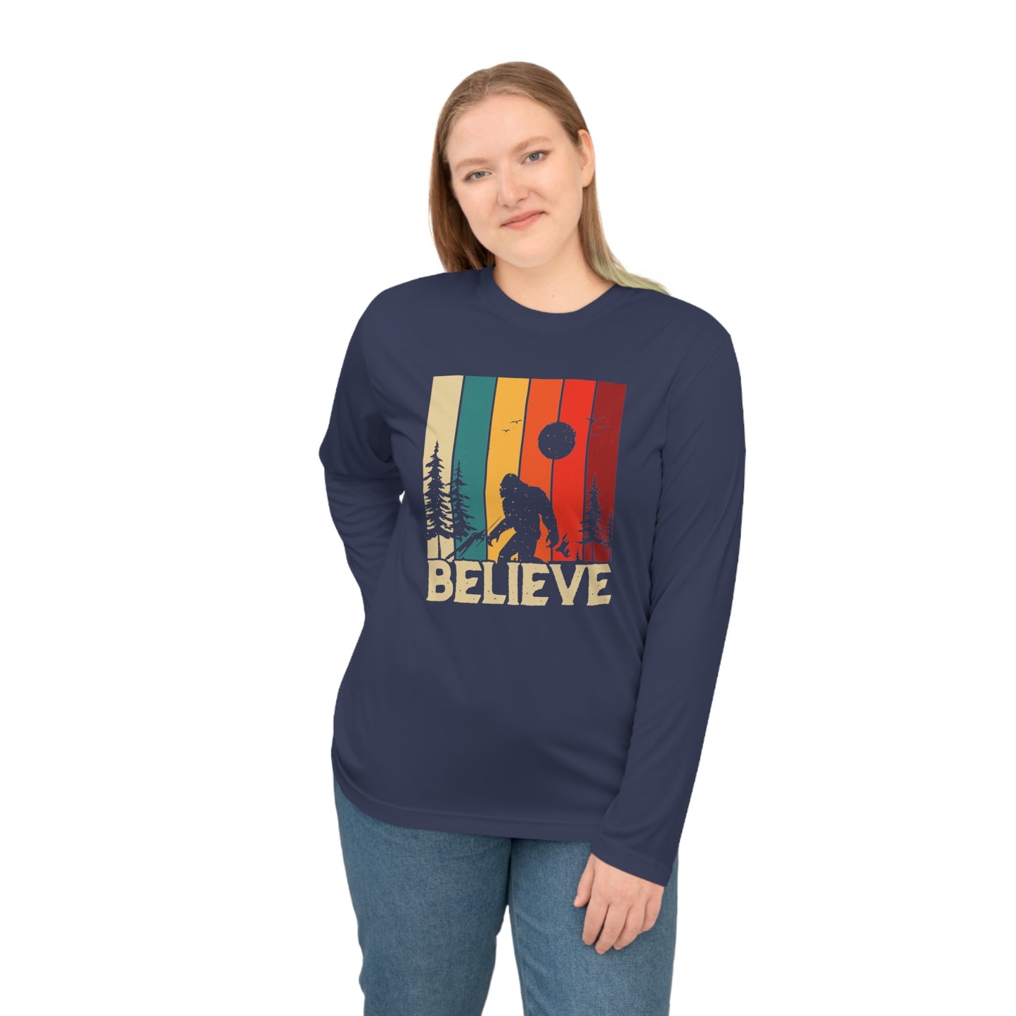 Believe Bigfoot Sasquatch with Mateo Two Sided Performance Long Sleeve Shirt