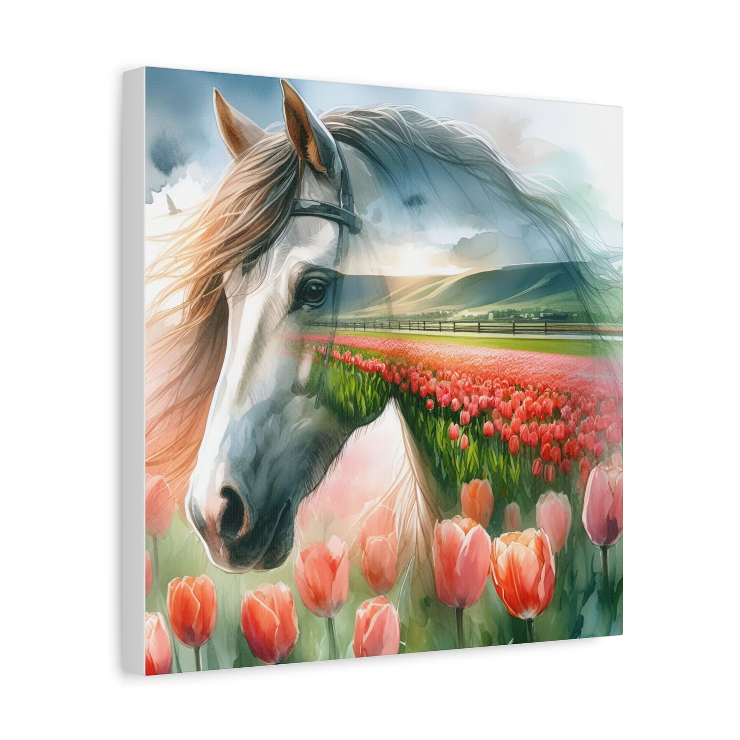 Horse & Tulip Canvas Wall Art — Serene Equestrian Landscape