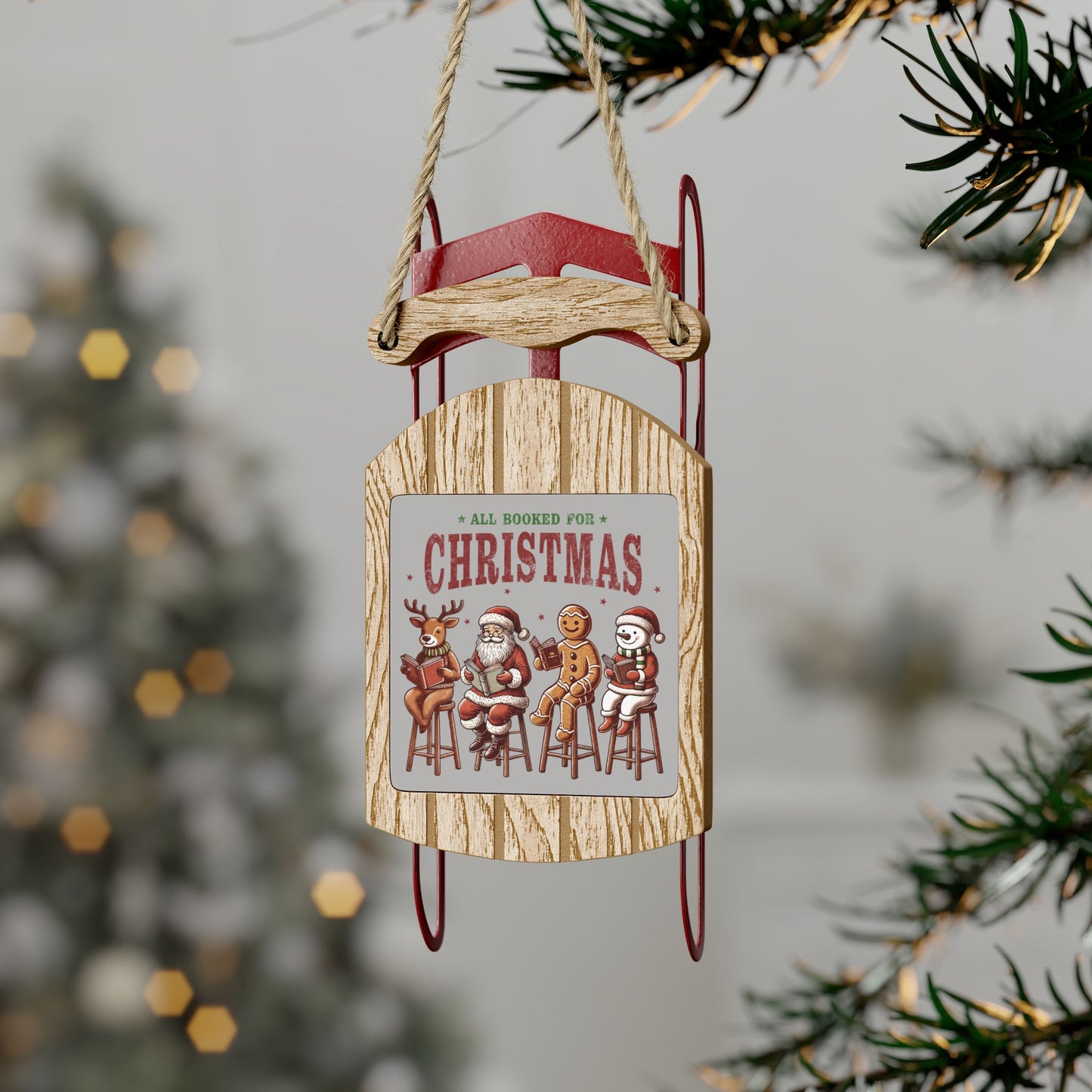 "All Booked for Christmas" Rustic Sled Ornament