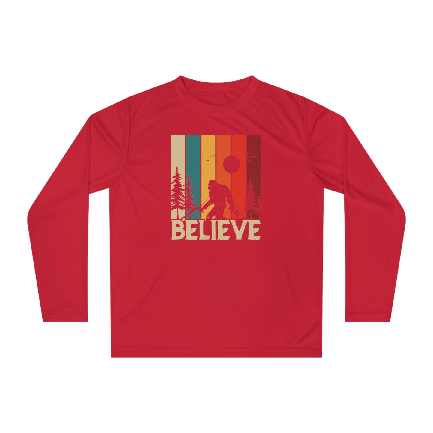 Believe Bigfoot Sasquatch with Mateo Two Sided Performance Long Sleeve Shirt